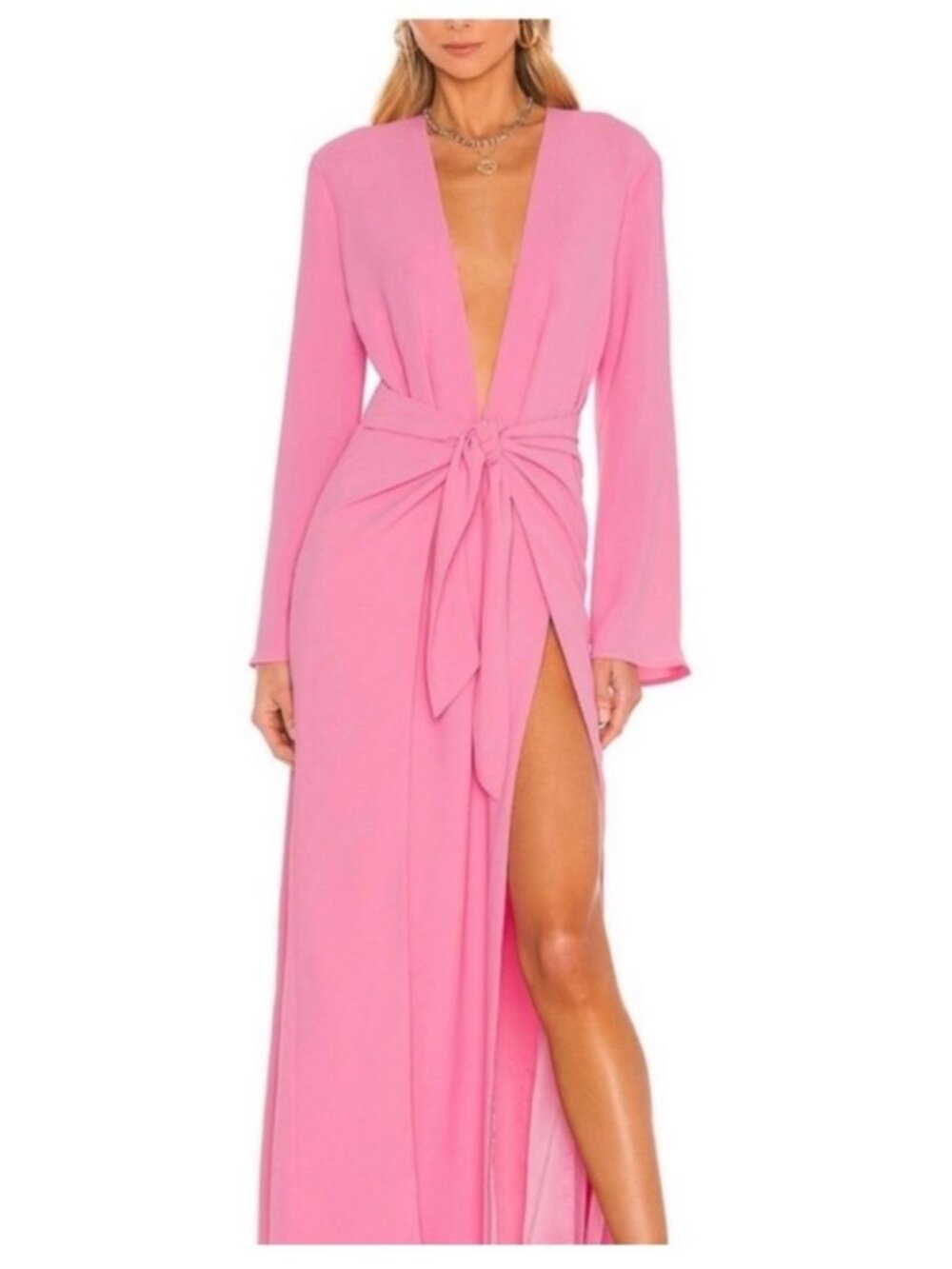 Camila Coelho Pink Plunge Neck Tie-Front Midi Dress | Size S